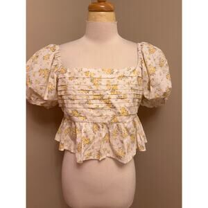 Altar’d State Yellow/White Floral Puff Sleeve Ruffle Cropped Blouse Sz XL